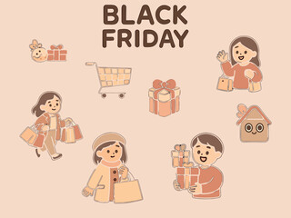 A cozy Black Friday clipart set featuring cheerful shoppers, sale signs, gift boxes, and shopping icons in soft brown and beige tones, perfect for promotional posters, stickers, and digital marketing.