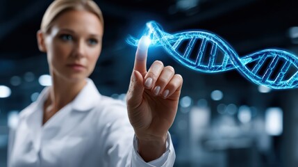 Female Scientist Interacting with DNA Hologram