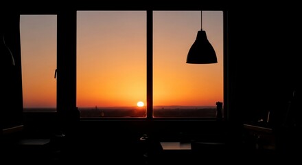 Vibrant Sunset Through a Window with Silhouetted Lamp and Horizon.