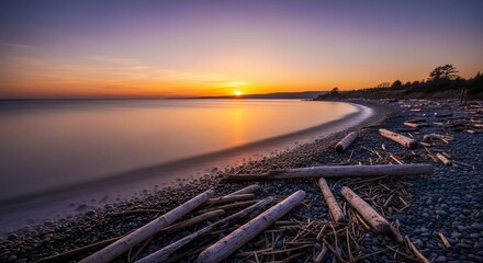 Vibrant Sunset Over a Serene Beach with Driftwood.