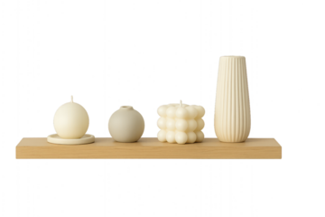 Wooden wall shelf with candles and small decorative objects