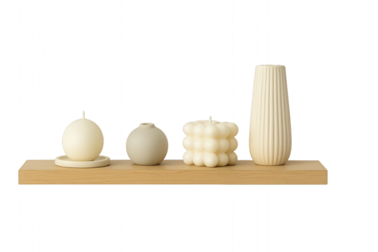 Wooden wall shelf with candles and small decorative objects