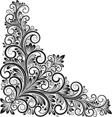Ornate Flourish Corner Element with Swirls and Leaves on Transparent Background