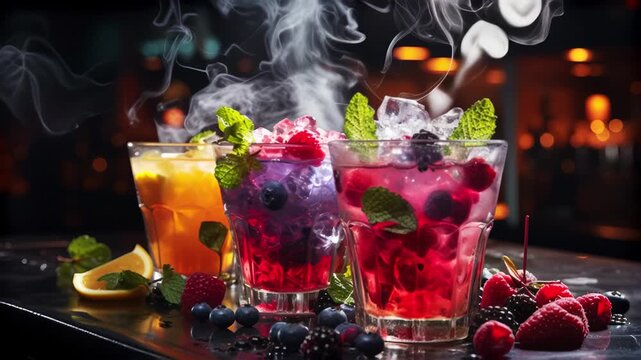Refreshment multicolor fruit cocktails with ice, fruits, berries and mint in a bar, night club party with soft drinks