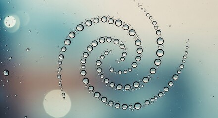 Water Droplets Forming a Spiral Pattern on a Glass Surface with Bokeh Background.