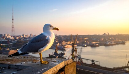 A lone seagull perched on a concrete surface, overlooking a cityscape with a harbor as the sun rises, painting the sky with hues