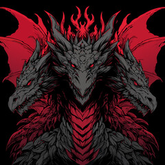 Fototapeta premium Fierce Three-Headed Dragon - Dark Fantasy Art Illustration with Red and Black Scales, Mythical Beast with Fiery Eyes on Black Background