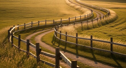 Winding Country Road with Wooden Fence at Golden Hour.