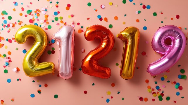Foil Balloon Numbers with Confetti on Pink Background - Powered by Adobe