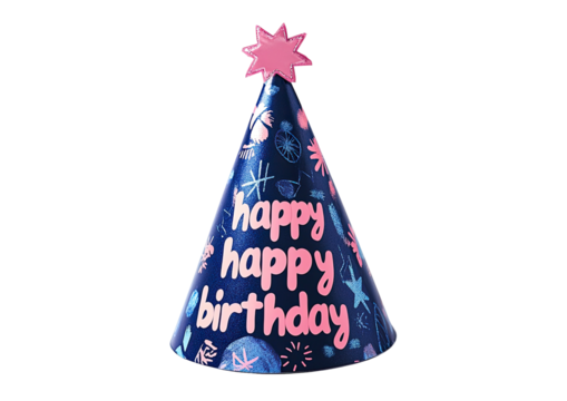 Dark blue birthday hat with pink star on top; "Happy Birthday" text
