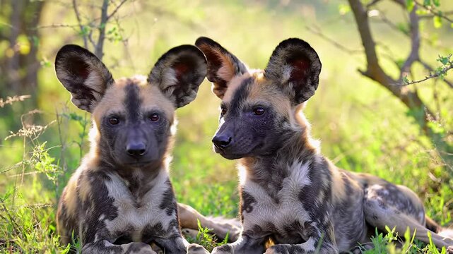 Two adorable, fluffy african wild dog puppies with mottled coats sit in a sun-kissed savanna, observing their surroundings under soft golden hour light, peaceful savanna wildlife observation