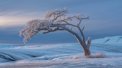 The Lone Tree Standing Against the Icy Winds of a Frozen Horizon Beneath the Pale Winter Light