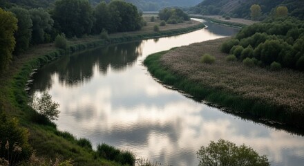 Winding River Reflecting Cloudy Sky Through Lush Green Landscape.