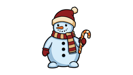 Cheerful snowman with scarf and candy cane mascot
