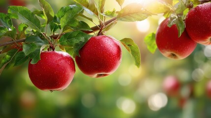 Obraz premium Ripe red apples on a tree branch with water drops, illuminated by sunlight. Fresh organic garden harvest concept. Summer fruit background.