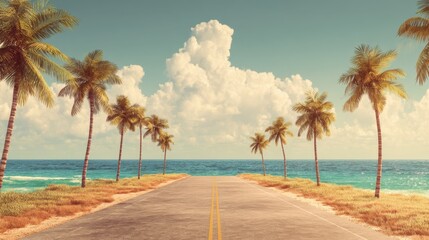Tropical road lined with palm tree leading to an ocean. Summer vacation travel concept with blue sky and cloud. Island paradise and getaway journey idea.