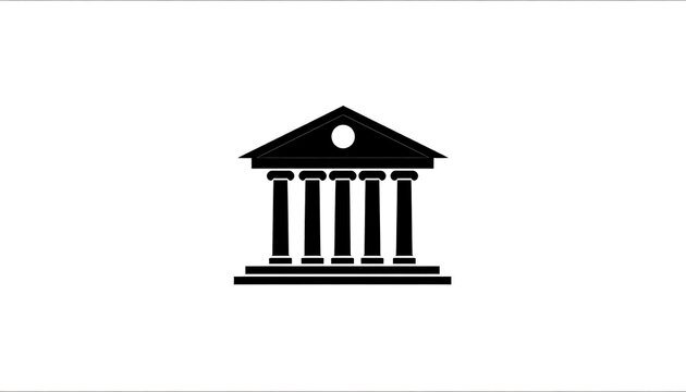 A simple black and white graphic depicting a classical building facade with columns, a triangular roof, and an orb in the center