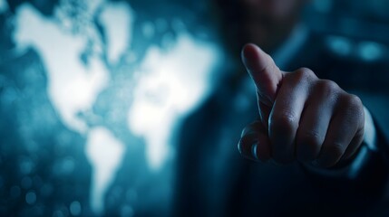 Hand pointing to a glowing digital world map symbolizing global connectivity technology and strategic interaction