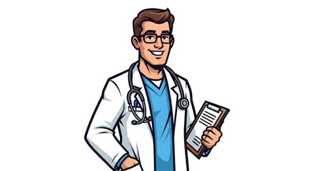 Confident doctor with stethoscope and clipboard ready for patient care, embodying health and professionalism in a clean, modern style.