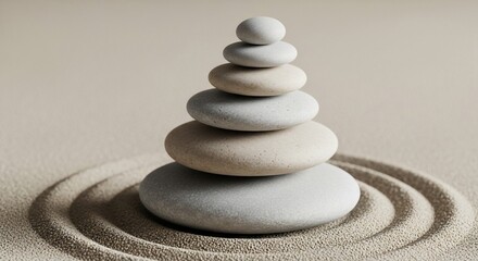Zen Stone Cairn in Sand Garden for Balance and Harmony.