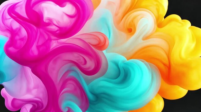 Colorful ink swirl in water, vibrant pink yellow cyan abstract liquid paint cloud on black background