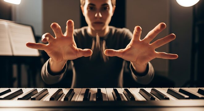 Focused pianist stretches hands over keyboard in preparation.
