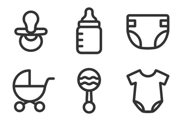 A set of baby items including a bottle, a pacifier, a diaper, a stroller, and a car seat. Vector. 