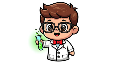 Excited cartoon scientist boy with bubbling test tube in lab coat, perfect for educational content