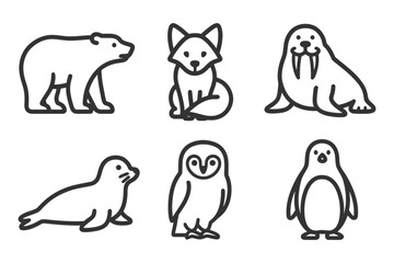 A series of black and white drawings of animals, including a penguin, a polar bear, a seal, a fox, an owl, and a walrus. Vector. 