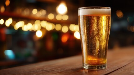 Glass beer on wooden bar counter. Lager with foam head in pub setting. Refreshing drink concept. Celebration and happy hour.