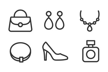 A set of fashion icons including a purse, a pair of shoes, a necklace, a bracelet, a pair of earrings, and a bottle of perfume. Vector. 