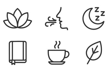 A series of icons for different activities, including reading, drinking coffee, and sleeping. The icons are all in black and white. Vector. 