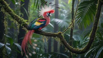 A Mythical Tropical Bird with a Fanned Head-Crest and Elegant, Eye-Spotted Tail Feathers Gazing into the Mist-Laden Forest.