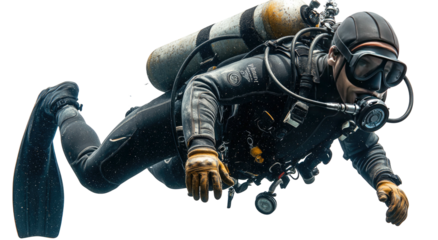 Scuba diver underwater, full gear and flippers, intense