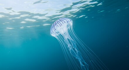 A close-up of a translucent jellyfish with purple stripes, floating in turquoise water