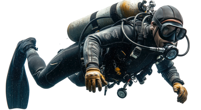 Scuba diver underwater, full gear and flippers, intense