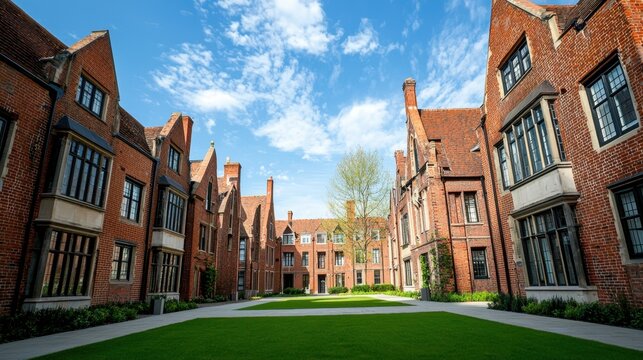 Old university building walls with red brick and green lawn in central yard. Traditional college architecture with classic facade.