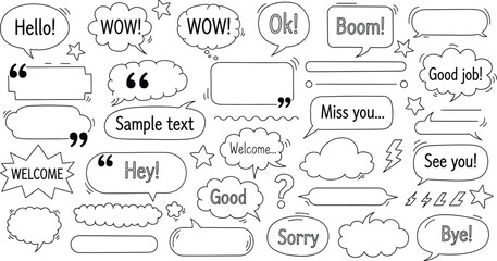 Set of Various Speech Bubbles with Greetings and Expressions on White Background