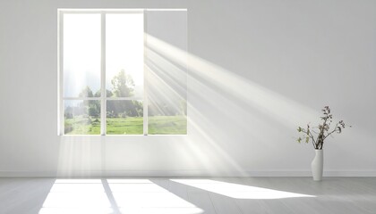 A minimalist interior shows a sunlit room. A large window streams sunlight across the empty space and light. A vase of branches is in the corner