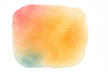 Watercolor wash blending orange, yellow, pink, and teal colors, abstract texture with soft edge, transparent background