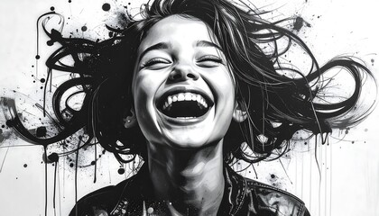 A monochromatic portrait depicts a joyous young person with a wide, beaming smile and eyes closed. Dark hair is spread around the head