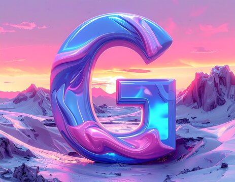 A large, glossy, stylized letter G floats against a vibrant, surreal sunset over snowy mountains, using cool tones