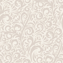 Ornate Seamless pattern. Lace damask background with dense swirls in beige color for invitations, textiles, wallpapers. Monochrome classic backdrop