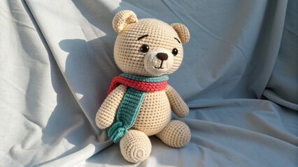 Soft neutral-toned crochet bear toy representing warmth, simplicity, and Scandinavian home aesthetics.