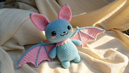Handcrafted bat toy with pastel colors and whimsical features, perfect for fairy tale or Halloween craft scenes.