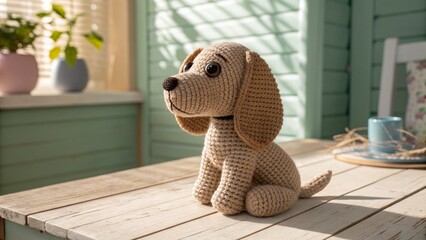Charming handmade dog plushie made of soft yarn, photographed in warm daylight for cozy home design concepts.
