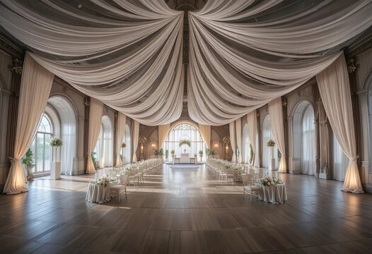 classic ballroom wedding ceremony with ceiling fabric draping arch and sunlight