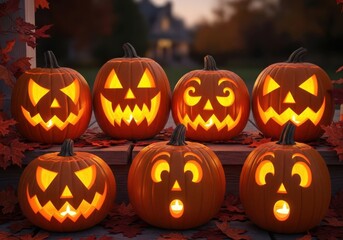 Obraz premium Illuminated jack o lanterns displayed outdoors on a spooky halloween night