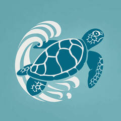 Obraz premium Blue sea turtle swims through white ocean waves