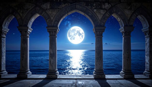 A nighttime seascape framed by ornate arches. The full moon casts a shimmering path across the water. Columns support the structure - Powered by Adobe